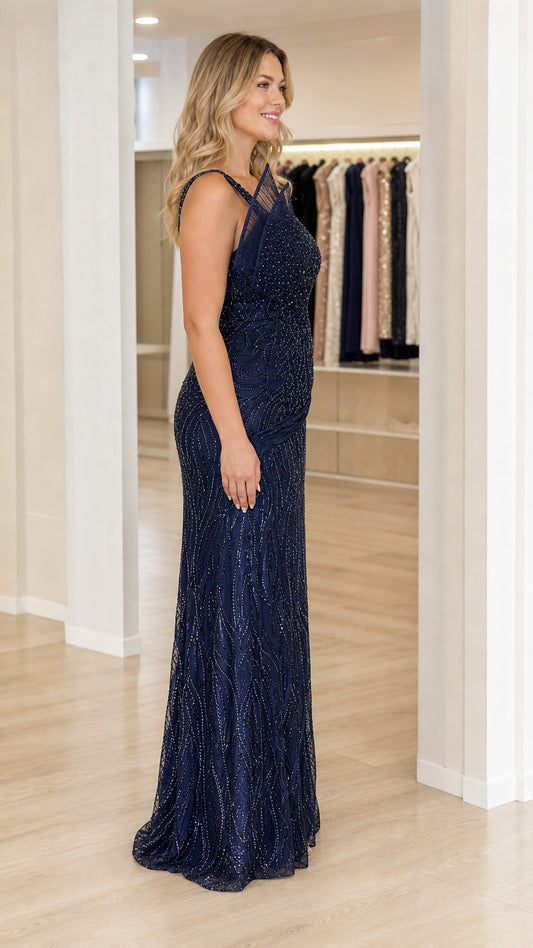 Side profile of navy blue beaded floor-length formal dress