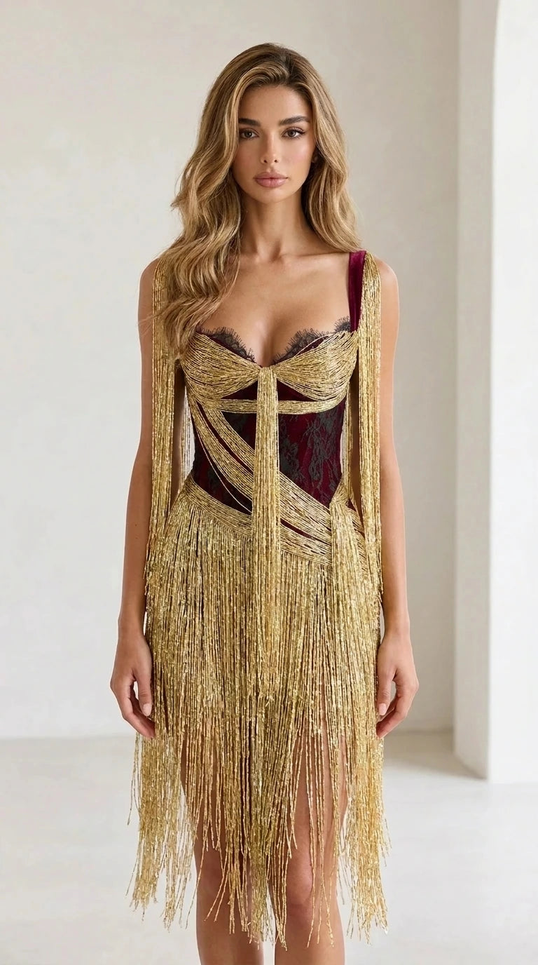 Front view of model in a burgundy and gold fringe dress