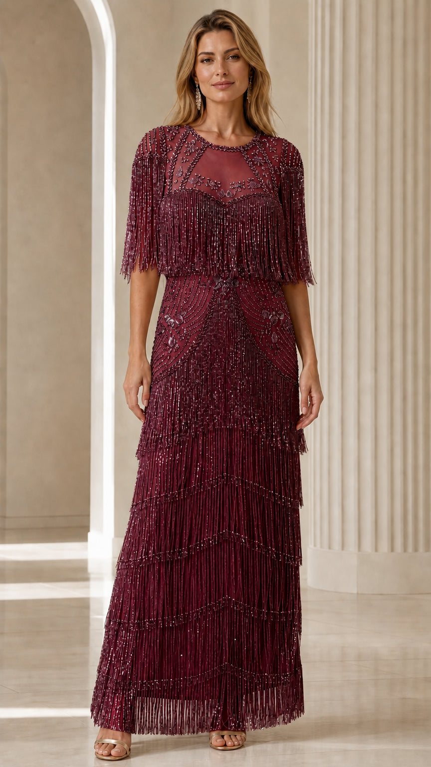 Front view of Burgundy Beaded Fringe Evening Dress