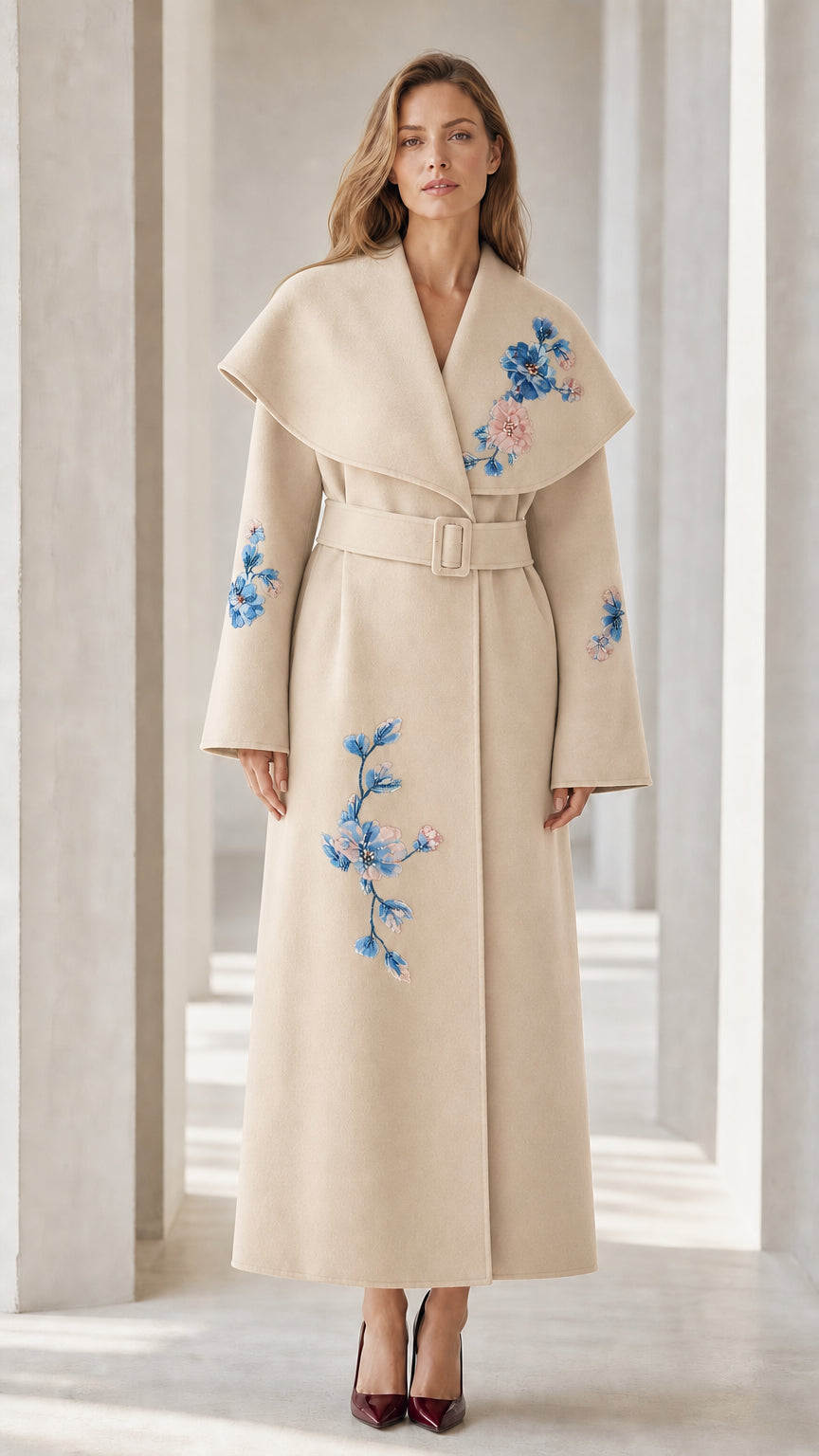 Front view of Beige floral embroidered long trench coat