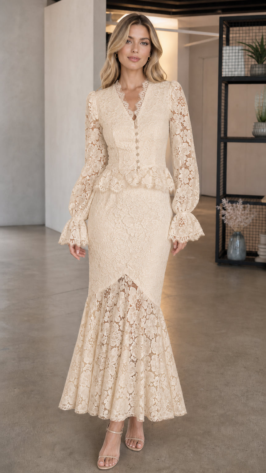 Model wearing champagne long-sleeve lace peplum dress