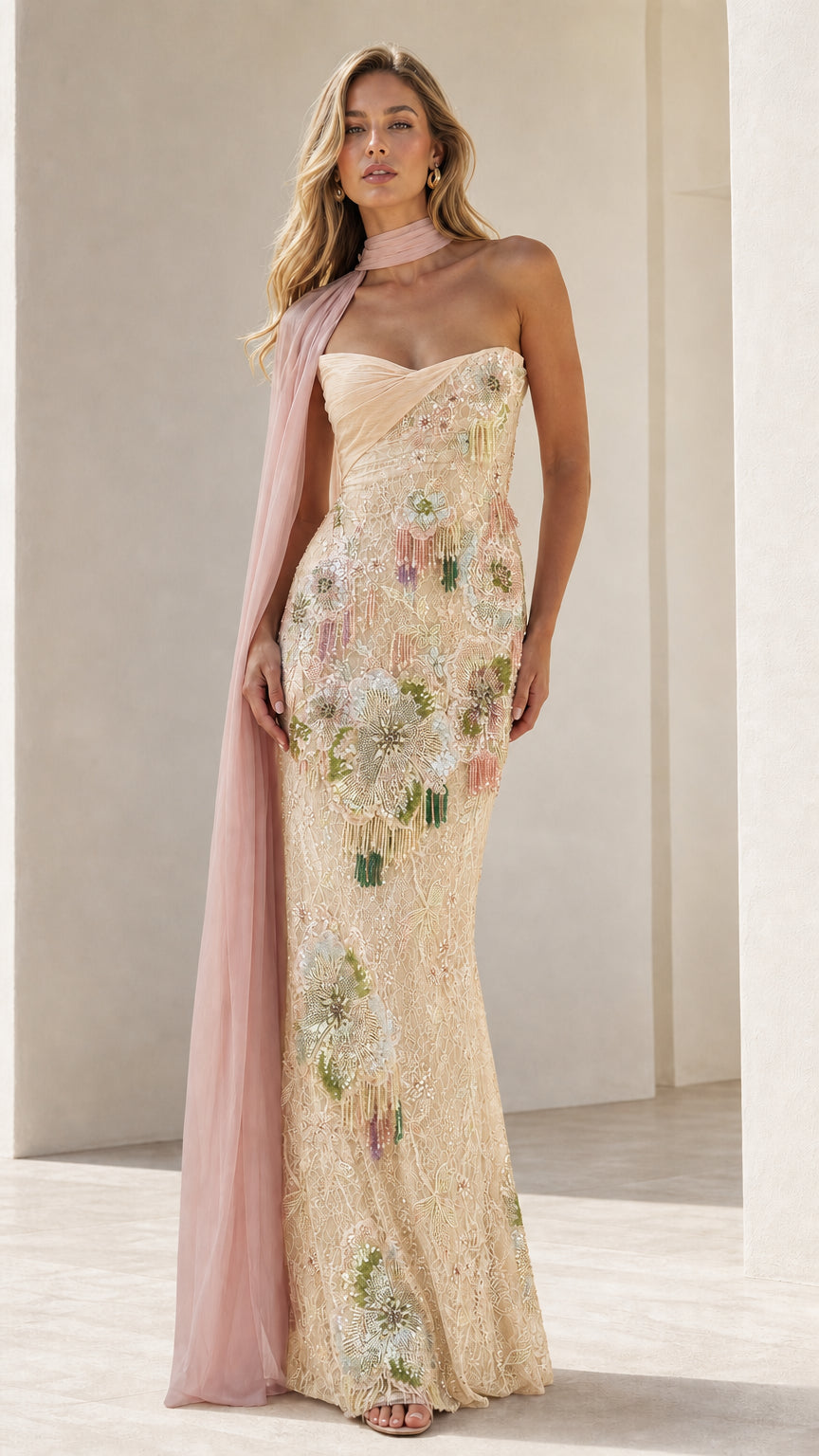 Front view of champagne floral beaded evening dress