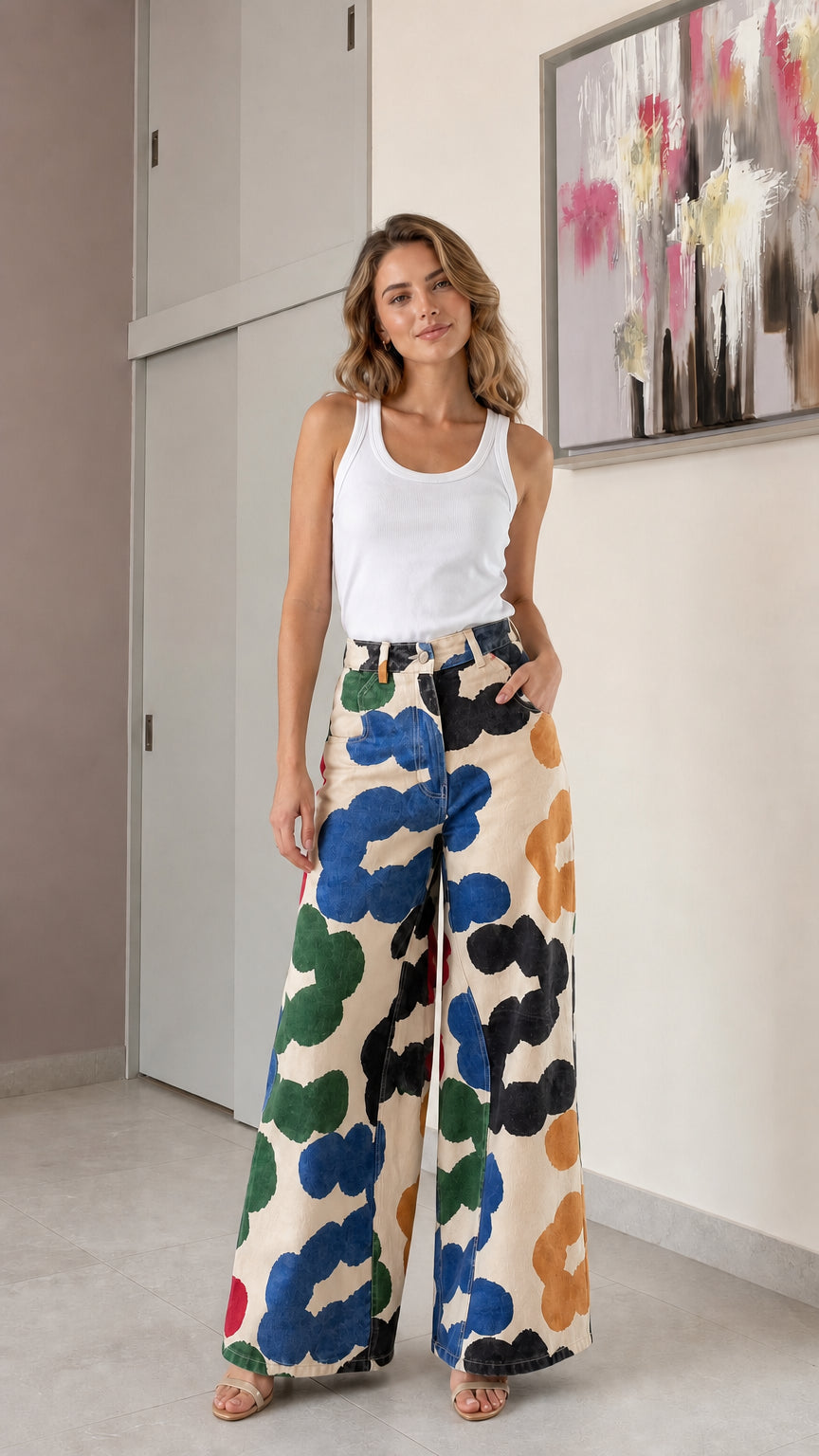 Woman wearing beige background floral wide-leg denim jeans