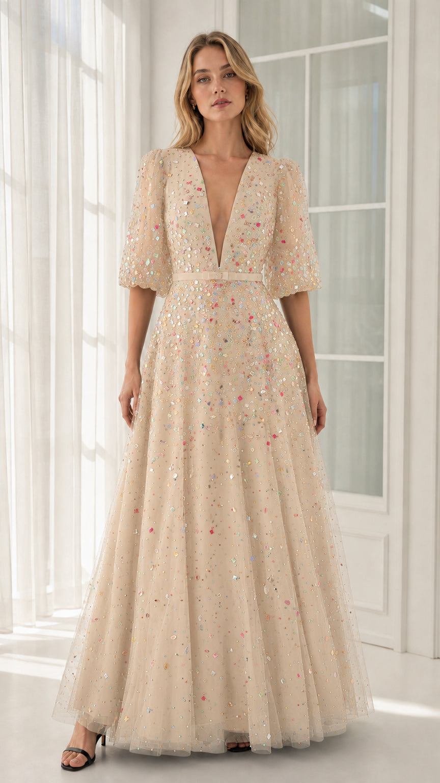 Front view of champagne crystal-embellished tulle evening gown