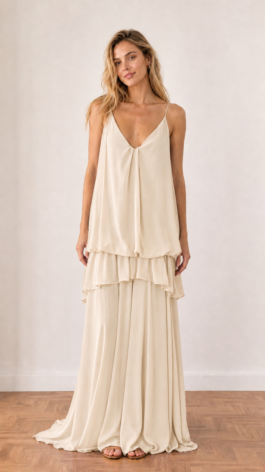 Model wearing Cream champagne tiered open-back maxi dress