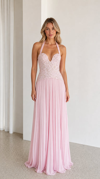Pink halter neck lace and pleated maxi dress front view