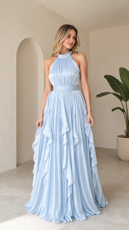 Front view of light blue halter neck ruffled maxi dress