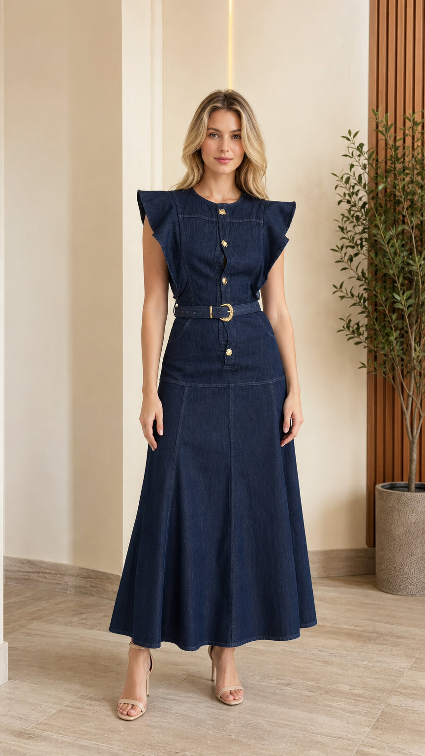 Front view of woman wearing Dark Blue flutter sleeve belted denim maxi dress