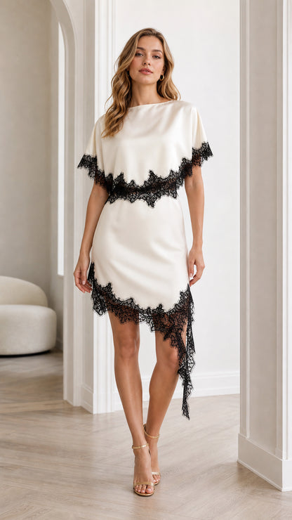 Front view of woman wearing white contrast lace asymmetric dress