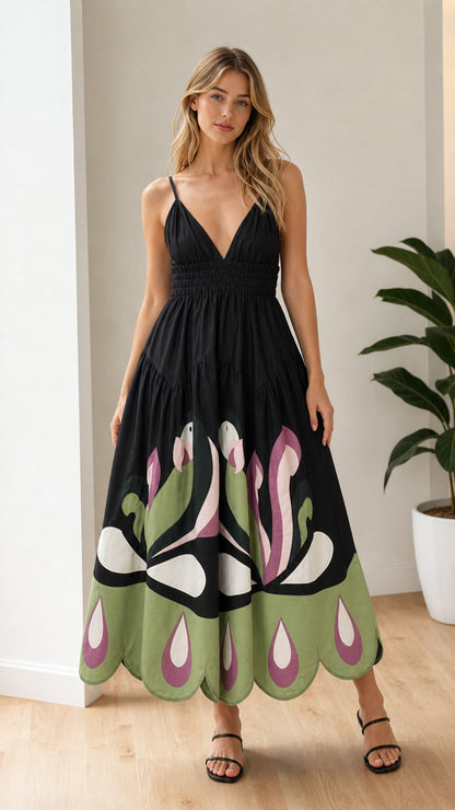 Front view of black boho chic scallop hem maxi dress