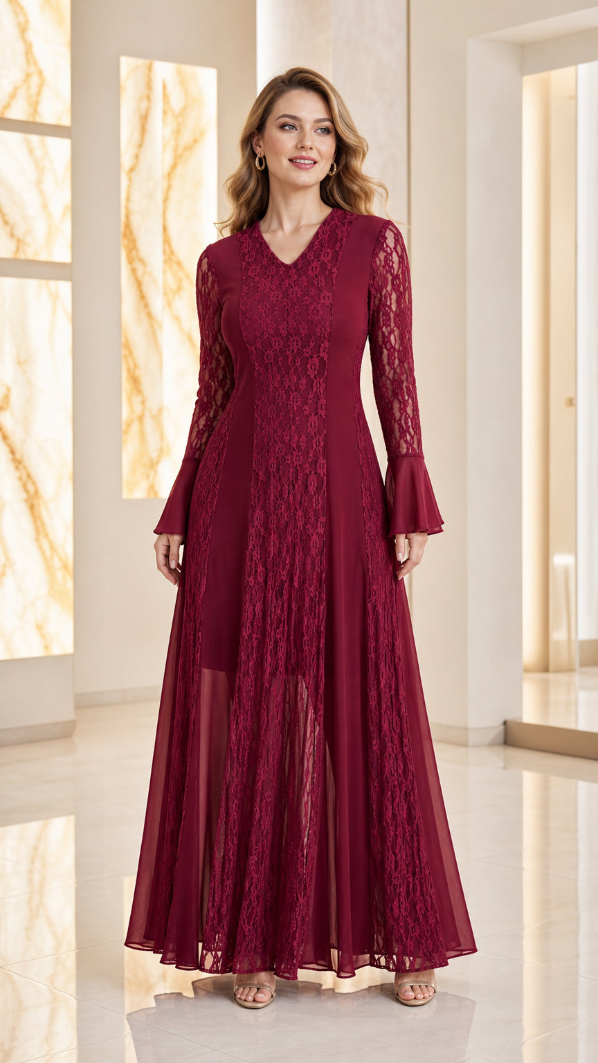 Front full-length view of woman wearing burgundy lace inset maxi dress with flared sleeves