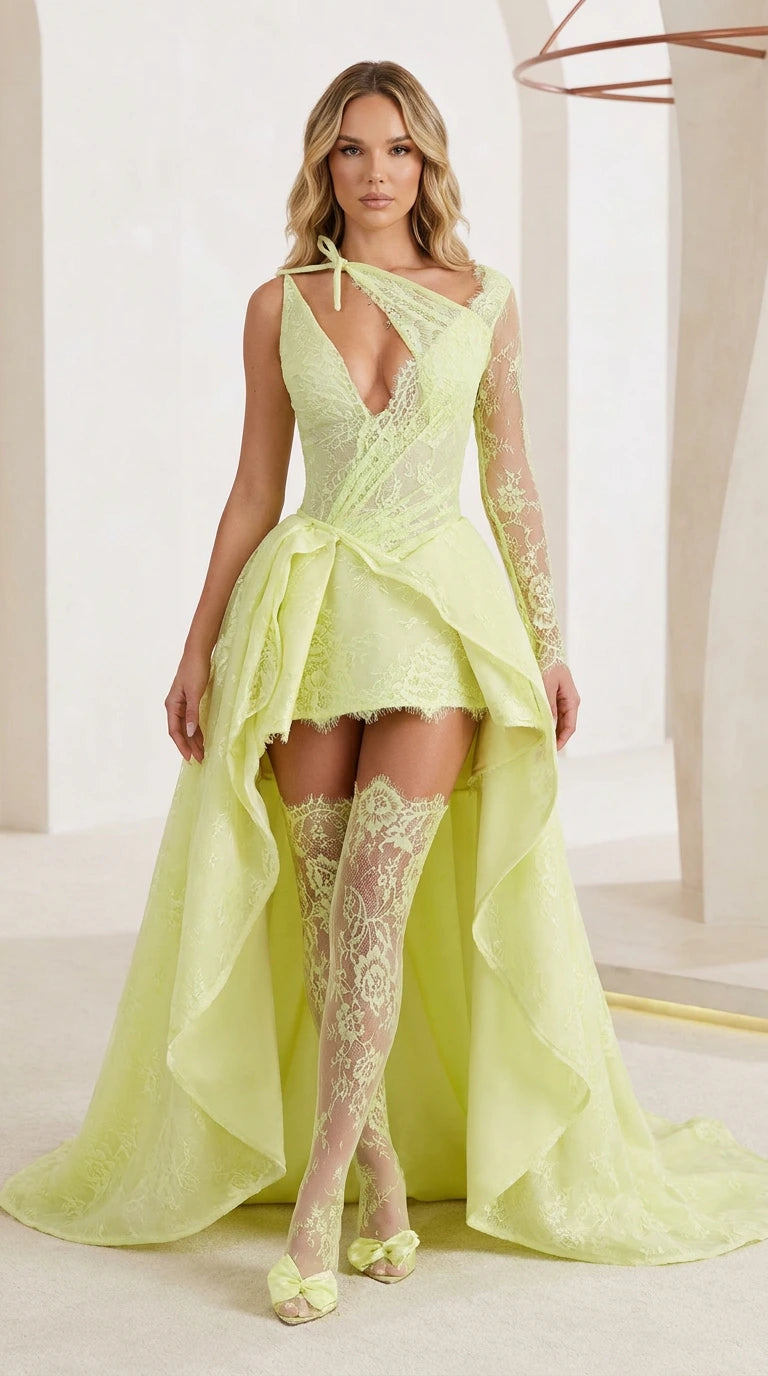 Front view of yellow one-shoulder lace high-low dress with stockings