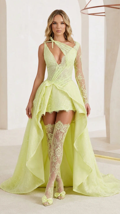 Front view of yellow one-shoulder lace high-low dress with stockings