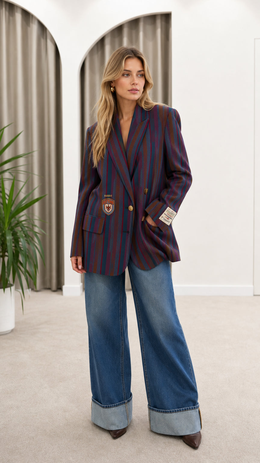 Model wearing Navy Multicolor striped preppy blazer with wide-leg denim jeans - front view
