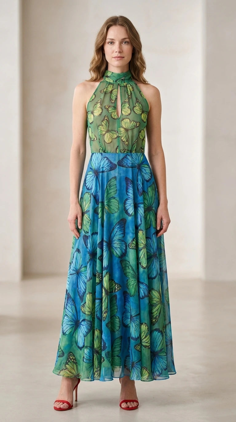 Front view of woman wearing emerald blue butterfly print halter maxi dress