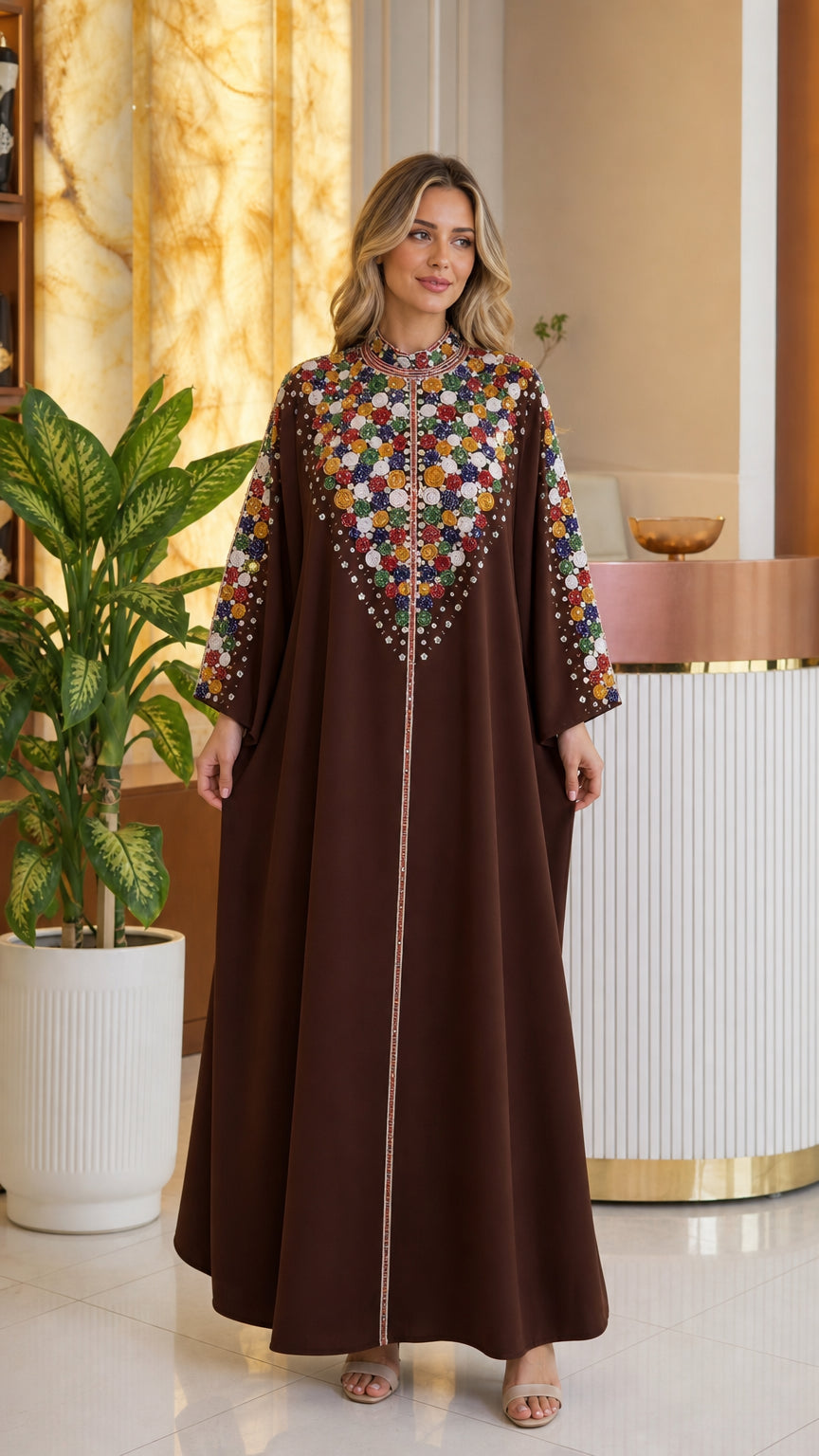 Front view of woman wearing chocolate brown embroidered beaded yoke kaftan maxi dress
