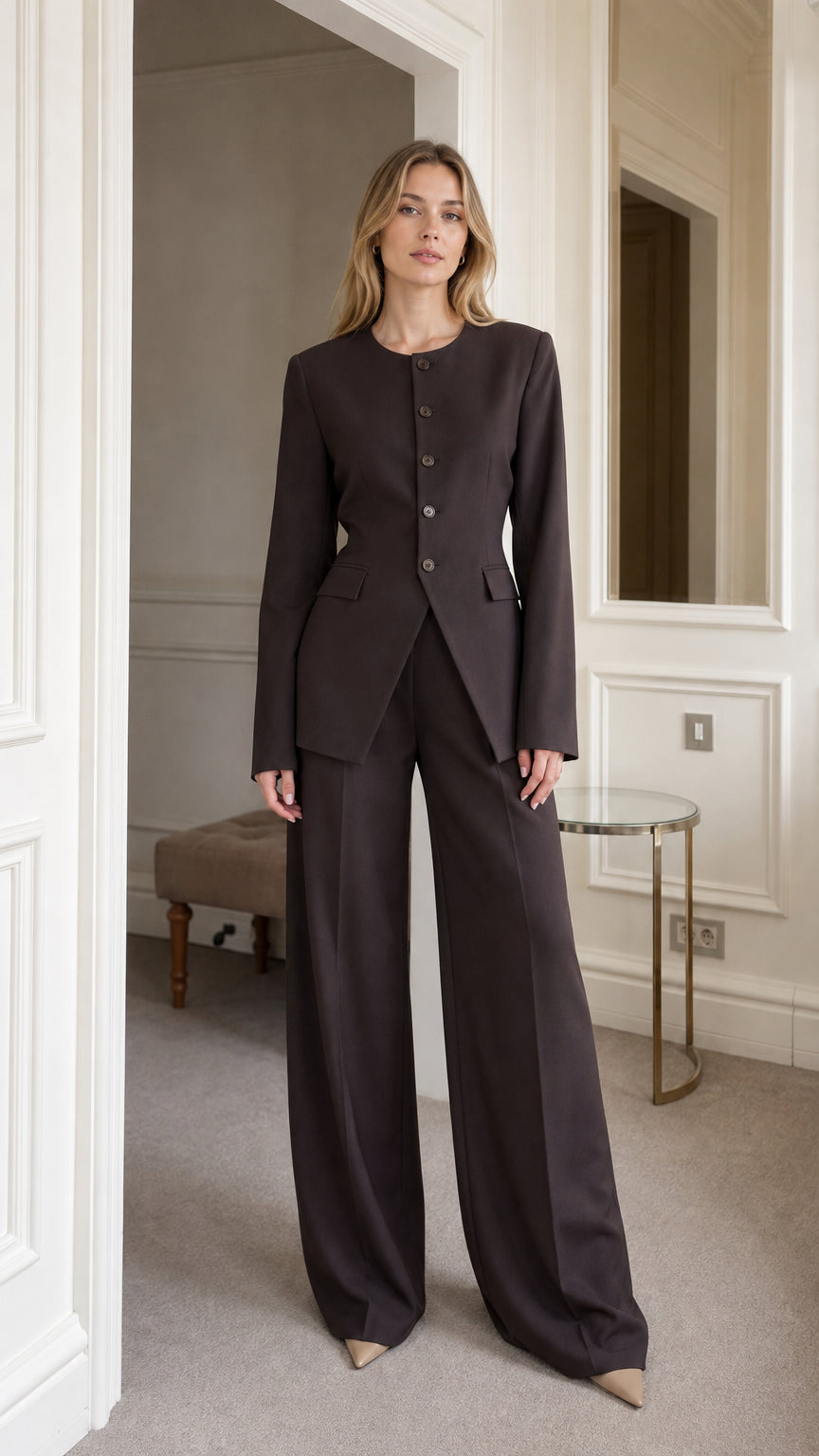 Front full view of dark brown blazer and wide leg pants set