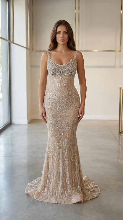 Front view of champagne beaded mermaid evening dress