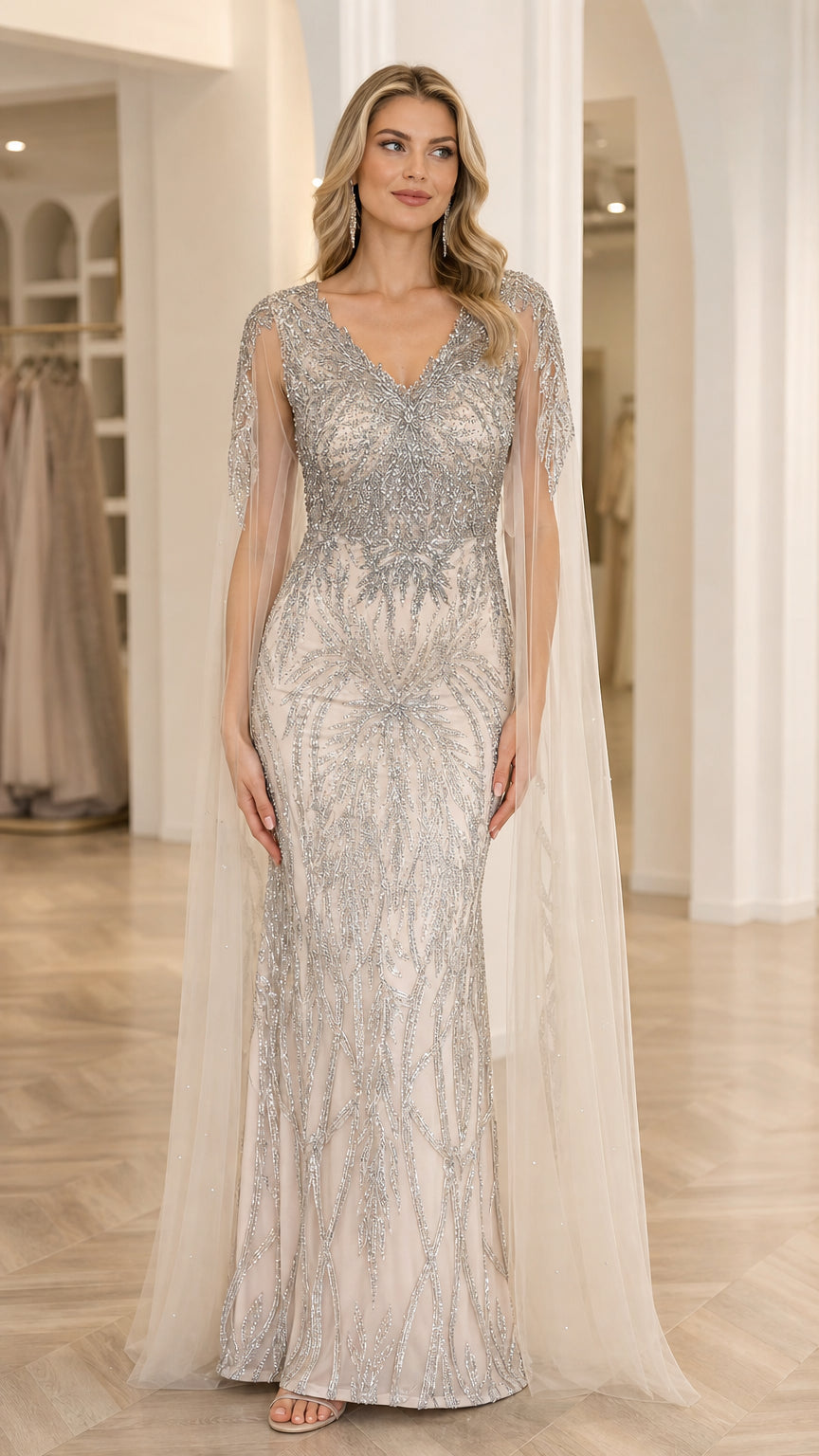 Front view of model wearing Champagne Silver sequin embroidered V-neck evening gown with sheer shoulder cape