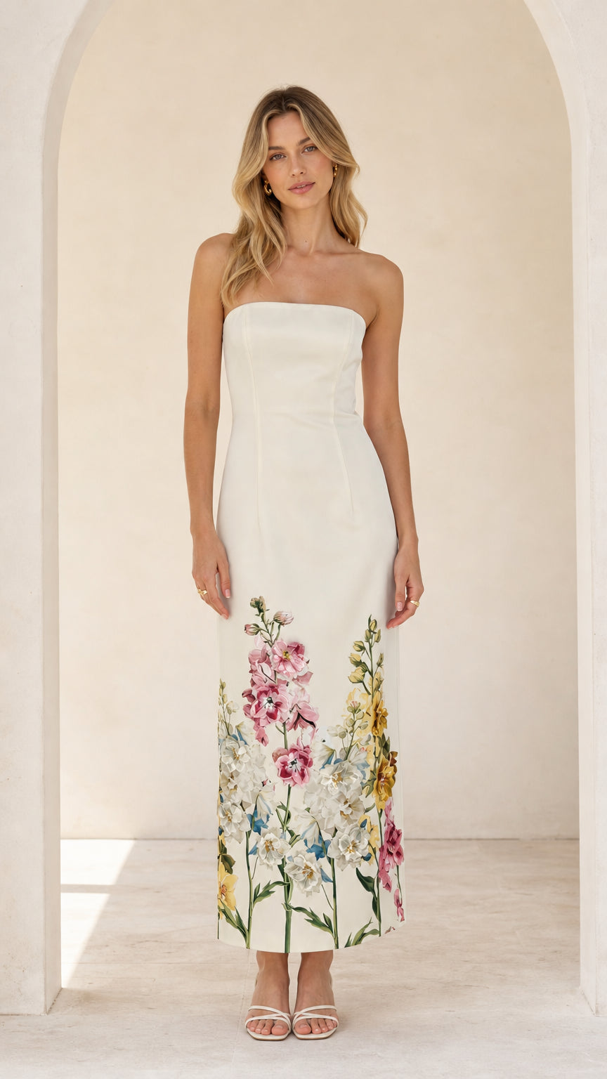 Model wearing white floral strapless midi maxi dress from the front