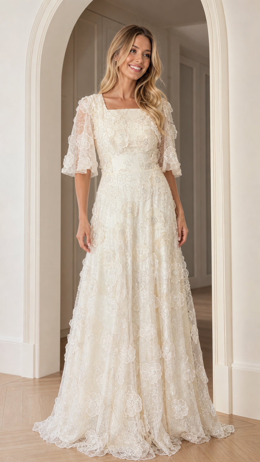 Front view of champagne square neck floral applique maxi dress