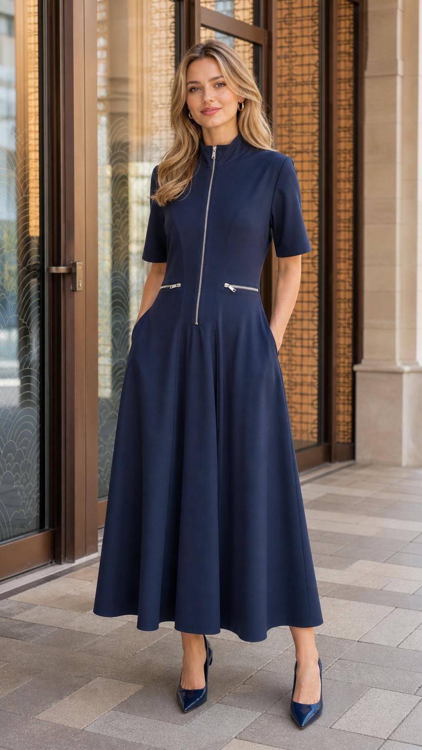 Front view of woman wearing navy zip-front midi dress with heels