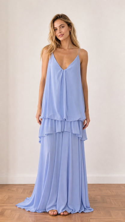 Front view of model wearing Light Blue tiered ruffle cami maxi dress