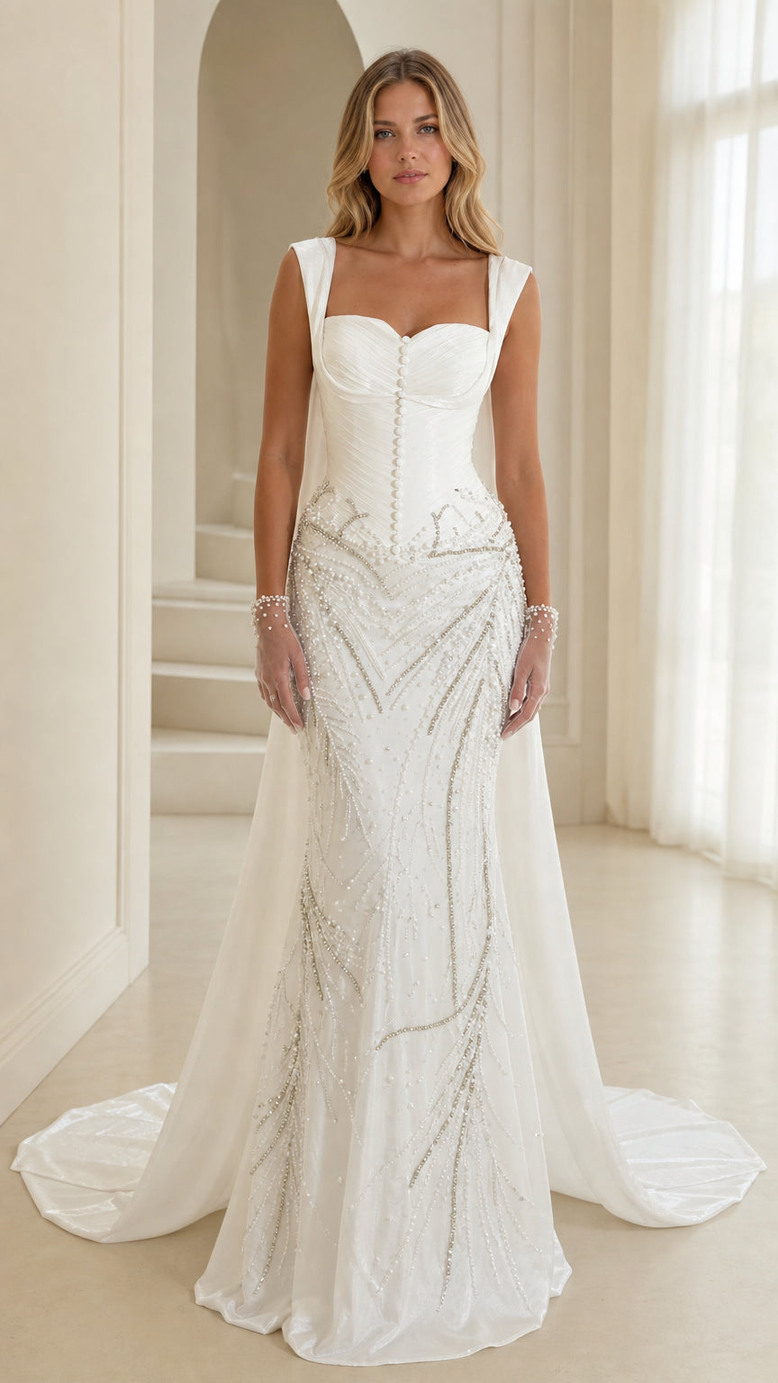 Front view of white embellished sweetheart mermaid evening gown with flowing train