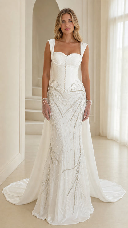 Front view of white embellished sweetheart mermaid evening gown with flowing train
