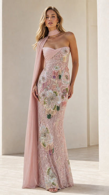 Front view of pink floral beaded strapless evening dress with scarf