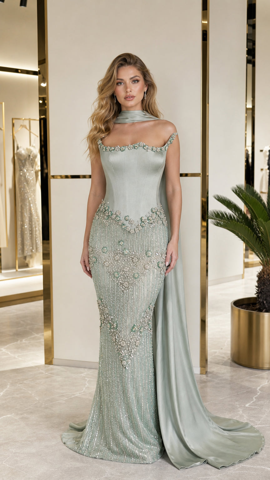 Front view of sage green beaded mermaid evening gown with cape