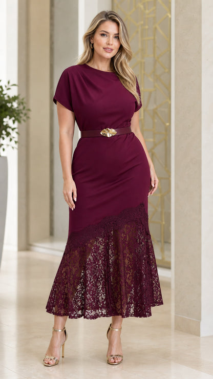 Front view of woman wearing elegant burgundy short-sleeve midi dress with lace hem and gold buckle belt