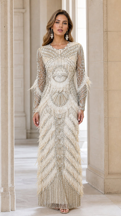 Front view of Champagne beaded feather evening maxi dress