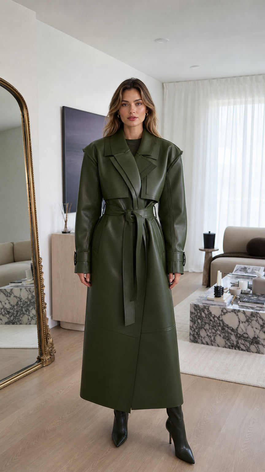 Front view of woman wearing olive green faux leather long trench coat