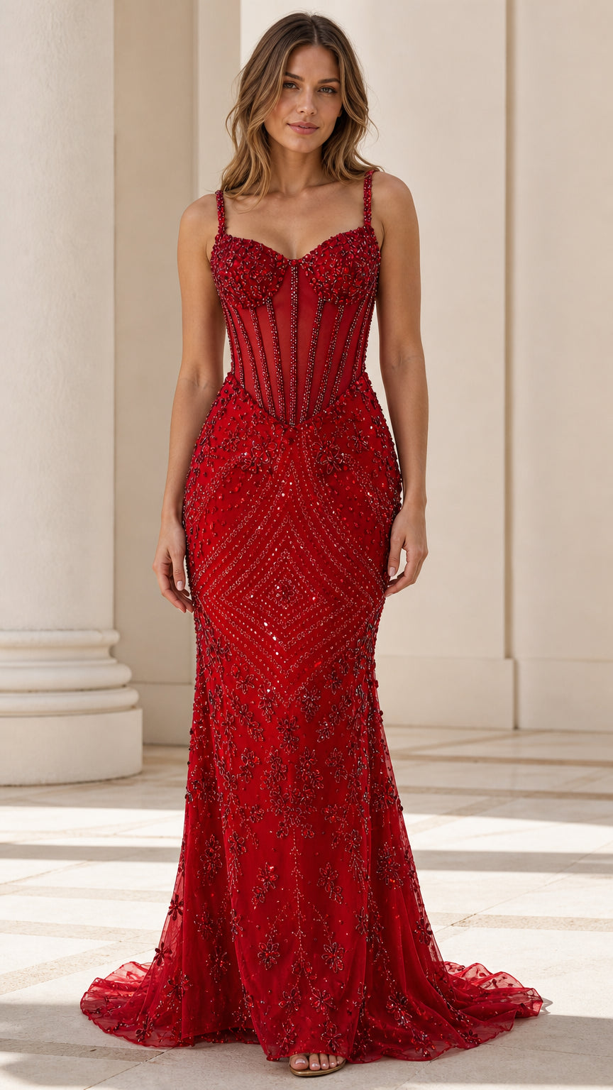 Front view of red beaded corset mermaid evening dress