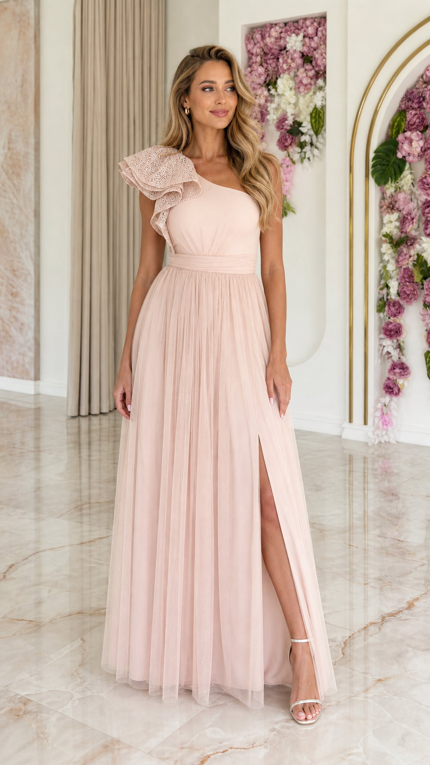 Full front view of blush pink one-shoulder lace ruffle tulle maxi dress with side slit