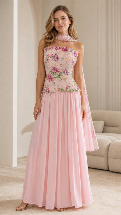 Front view of pink embroidered strapless maxi dress with matching scarf