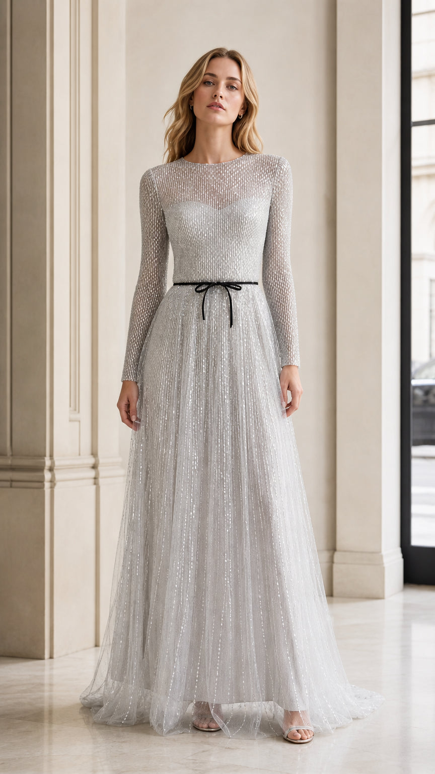 Front view of model wearing silver long-sleeve sequin tulle evening gown
