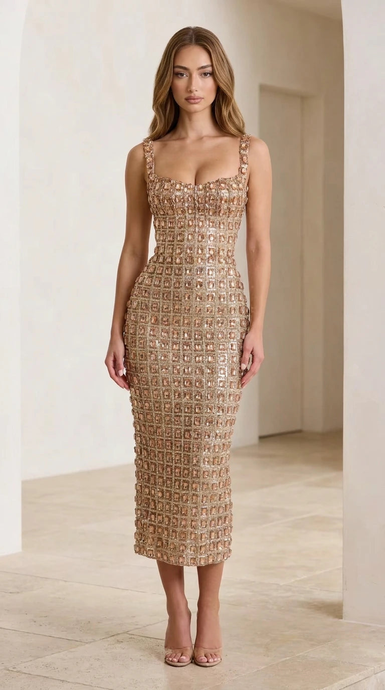 Front view of model wearing champagne embellished square neck midi dress