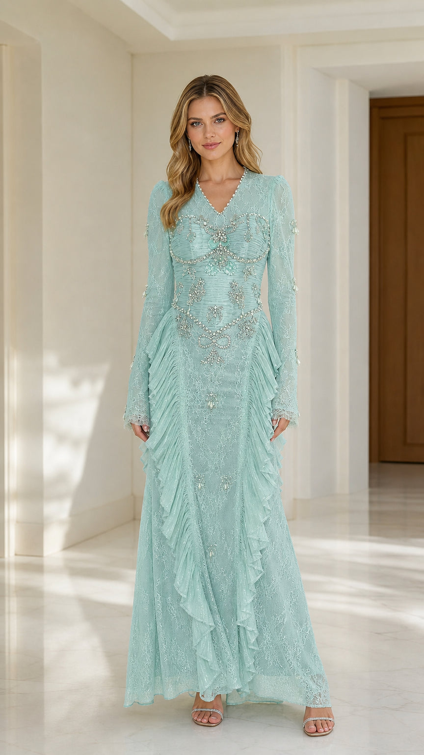 Mint Green V-Neck Crystal Beaded Lace Maxi Evening Gown front view