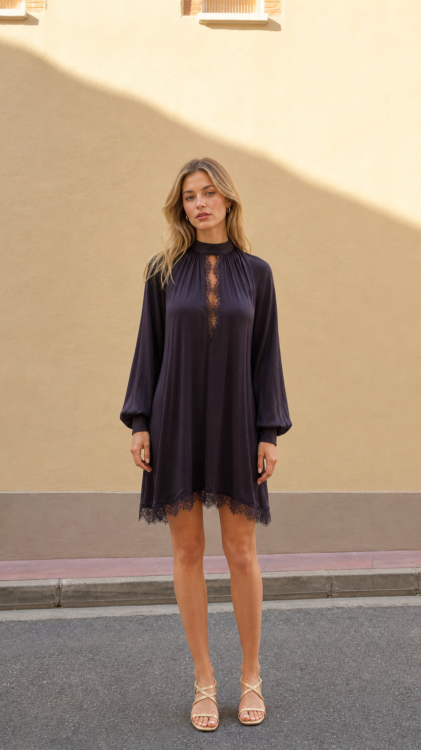 Plum high neck lace trim mini dress shown from the front