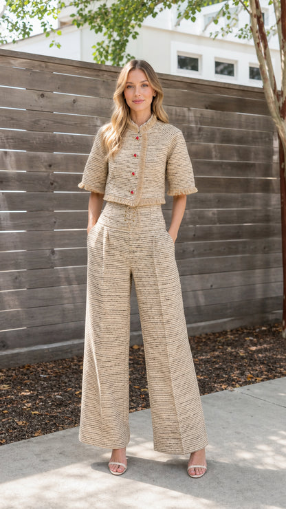 Front full view of beige tweed crop top and wide-leg pants set