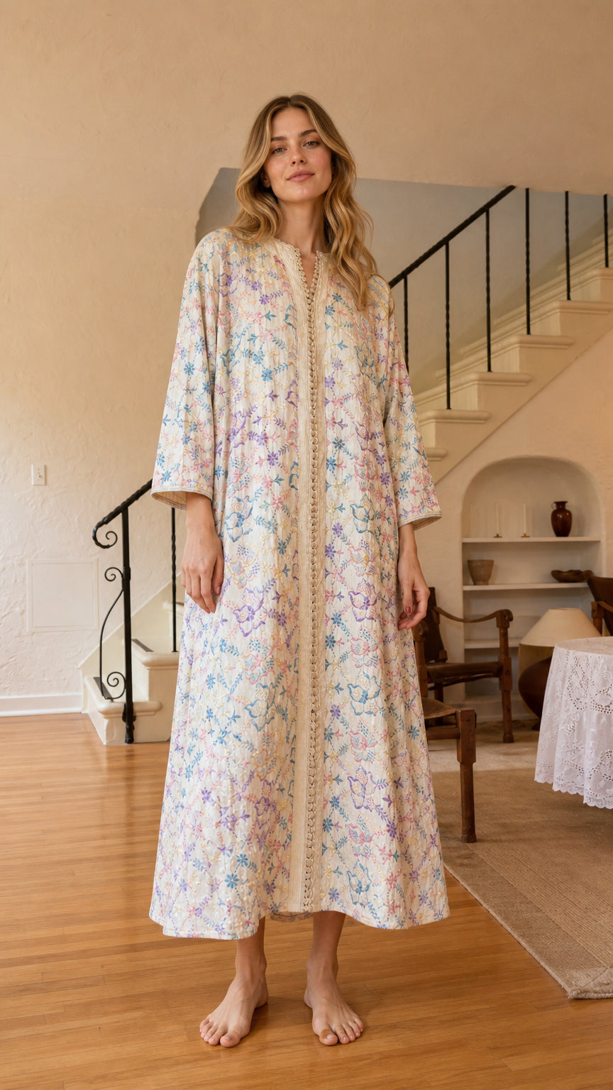 Front view of ivory floral embroidered kaftan dress