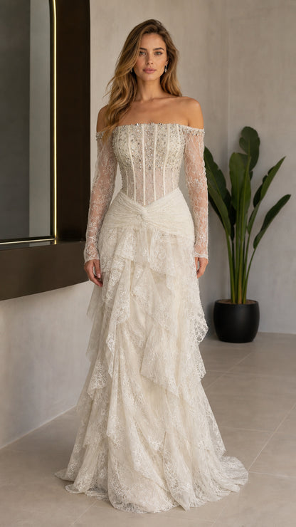 Front view of Ivory off-the-shoulder lace evening gown