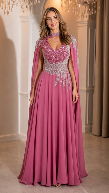Rose pink beaded cape bodice floor length evening gown front view