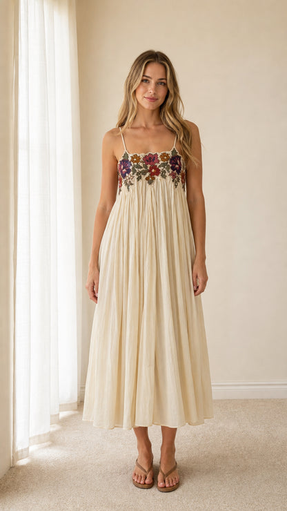Front view of cream bohemian embroidered floral midi camisole dress
