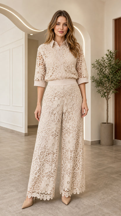 Beige floral lace two-piece set featuring button-up collared shirt and high-waist wide-leg pants