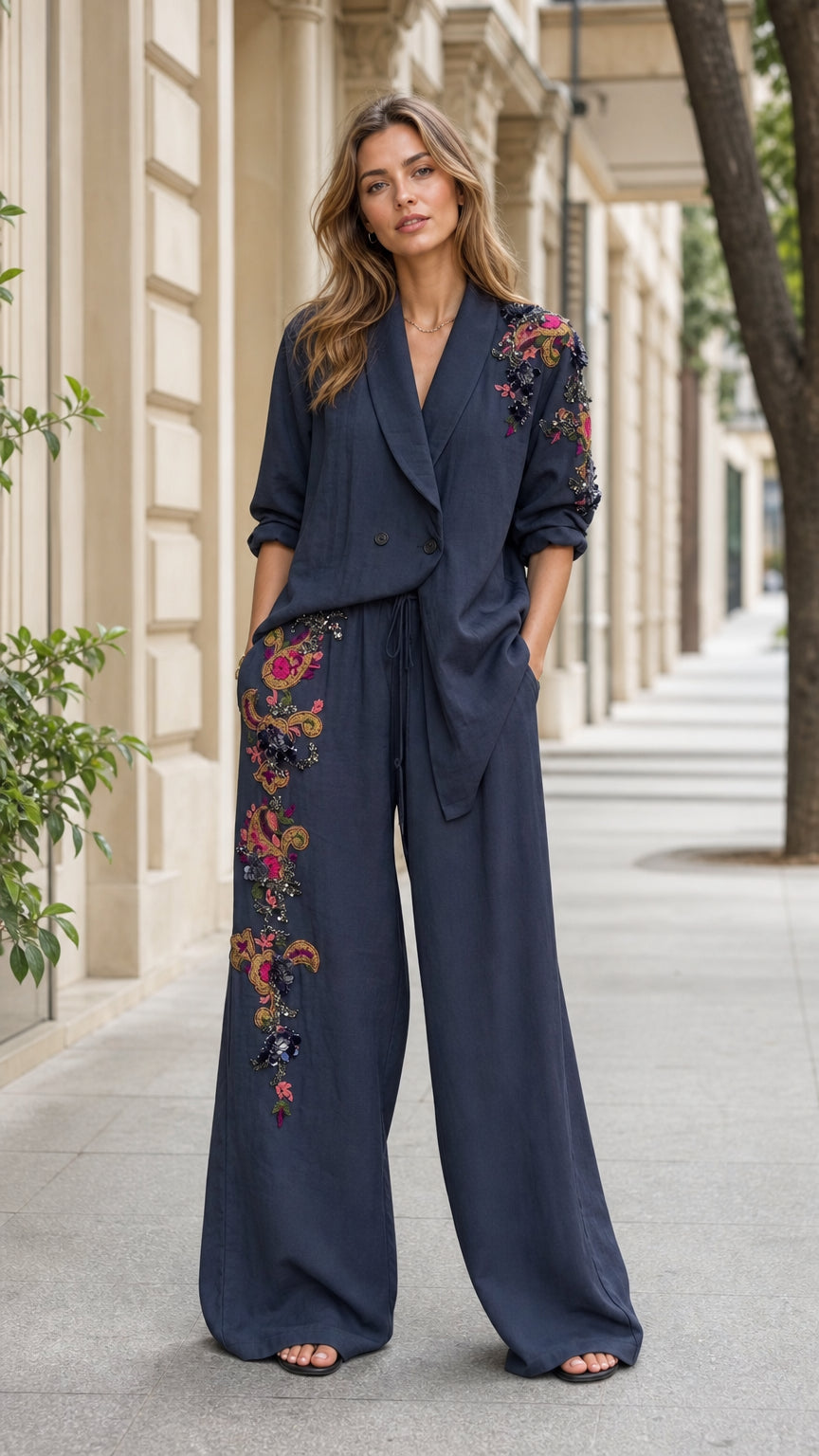 Front view of woman wearing navy embroidered blazer and wide-leg pants set