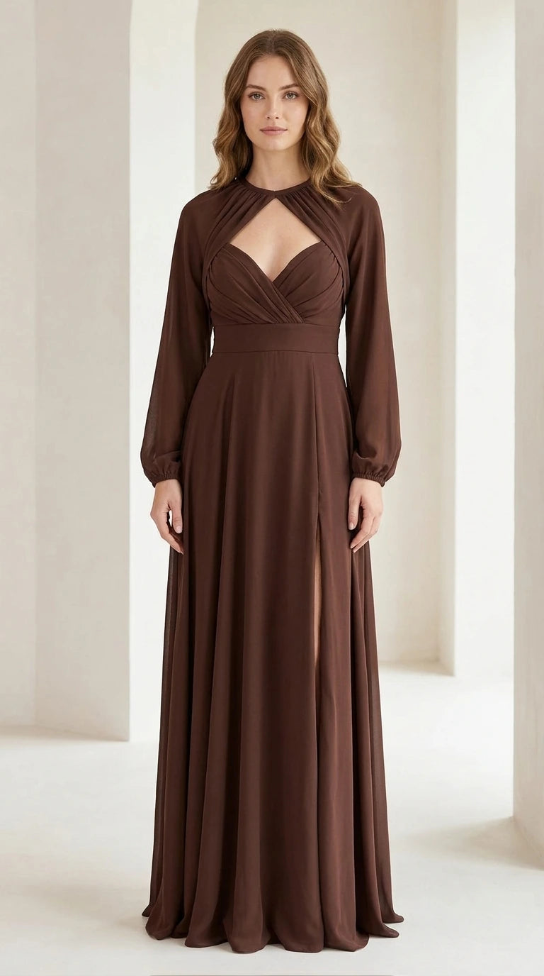 Front view of brown long sleeve cutout maxi dress