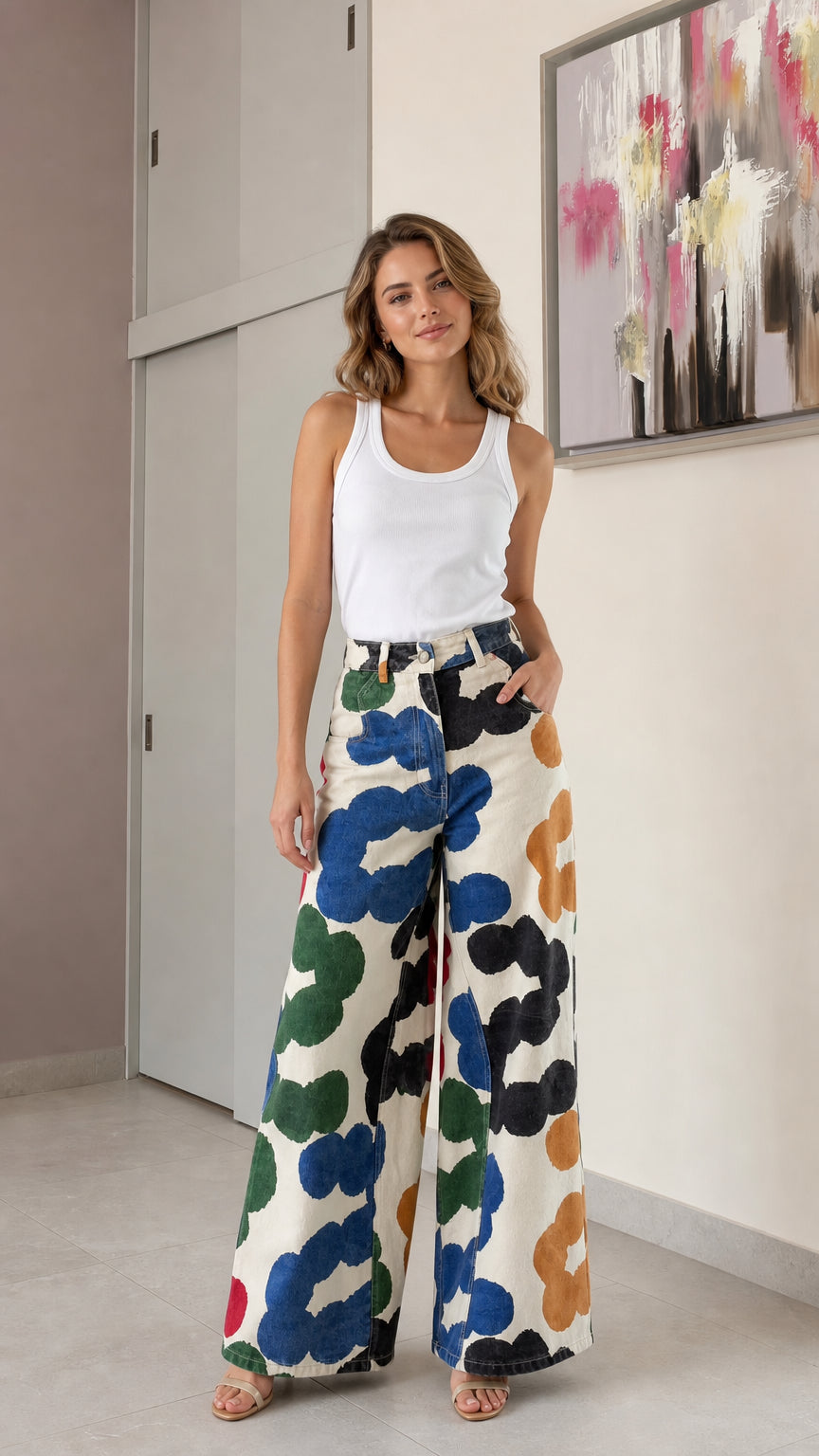 Front view of woman wearing cream floral high-waisted wide-leg jeans and white tank top